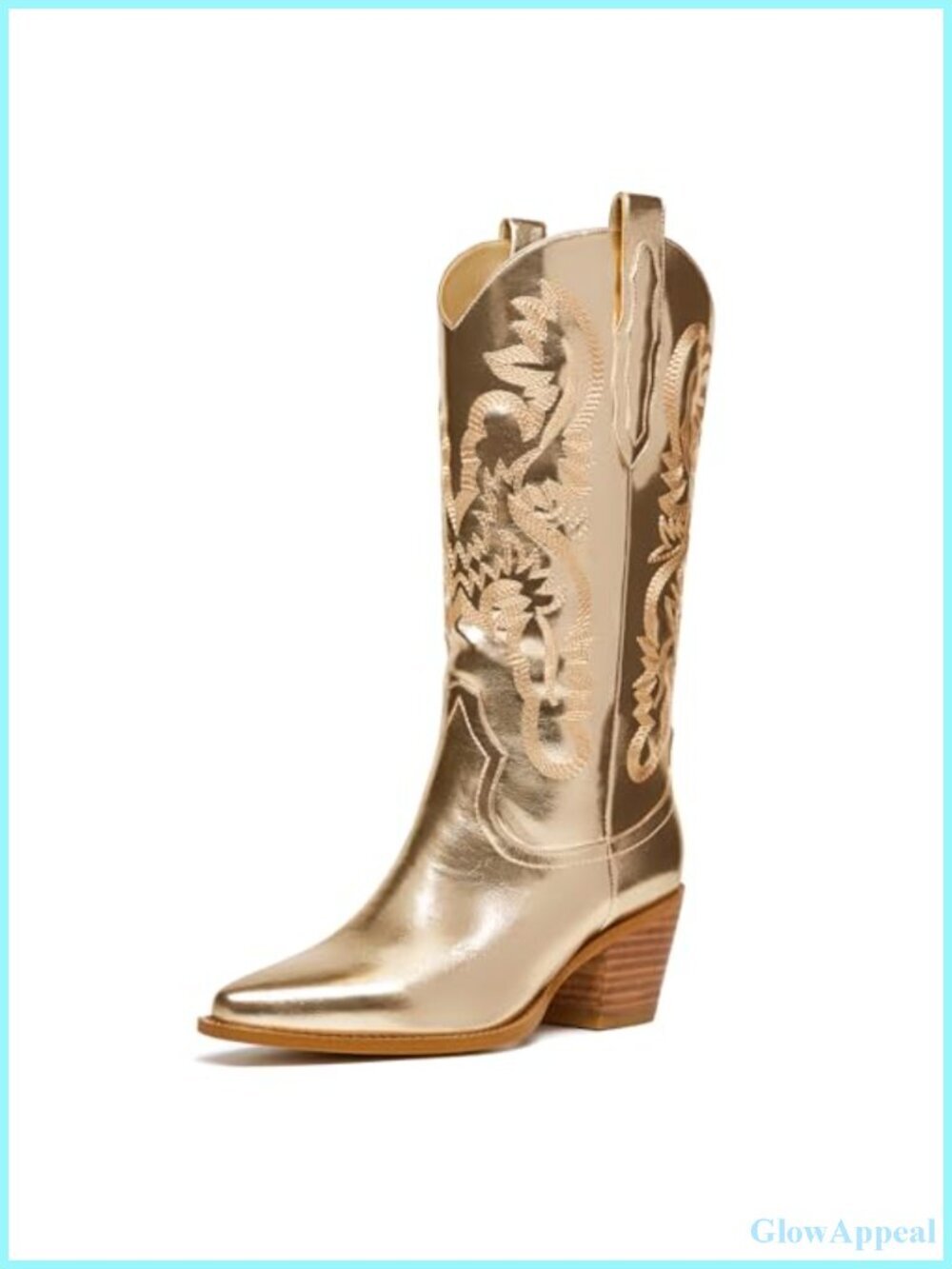 Glitter PU Wide Calf Cowboy Boots Pointed Toe Chunky Heel Embroidered